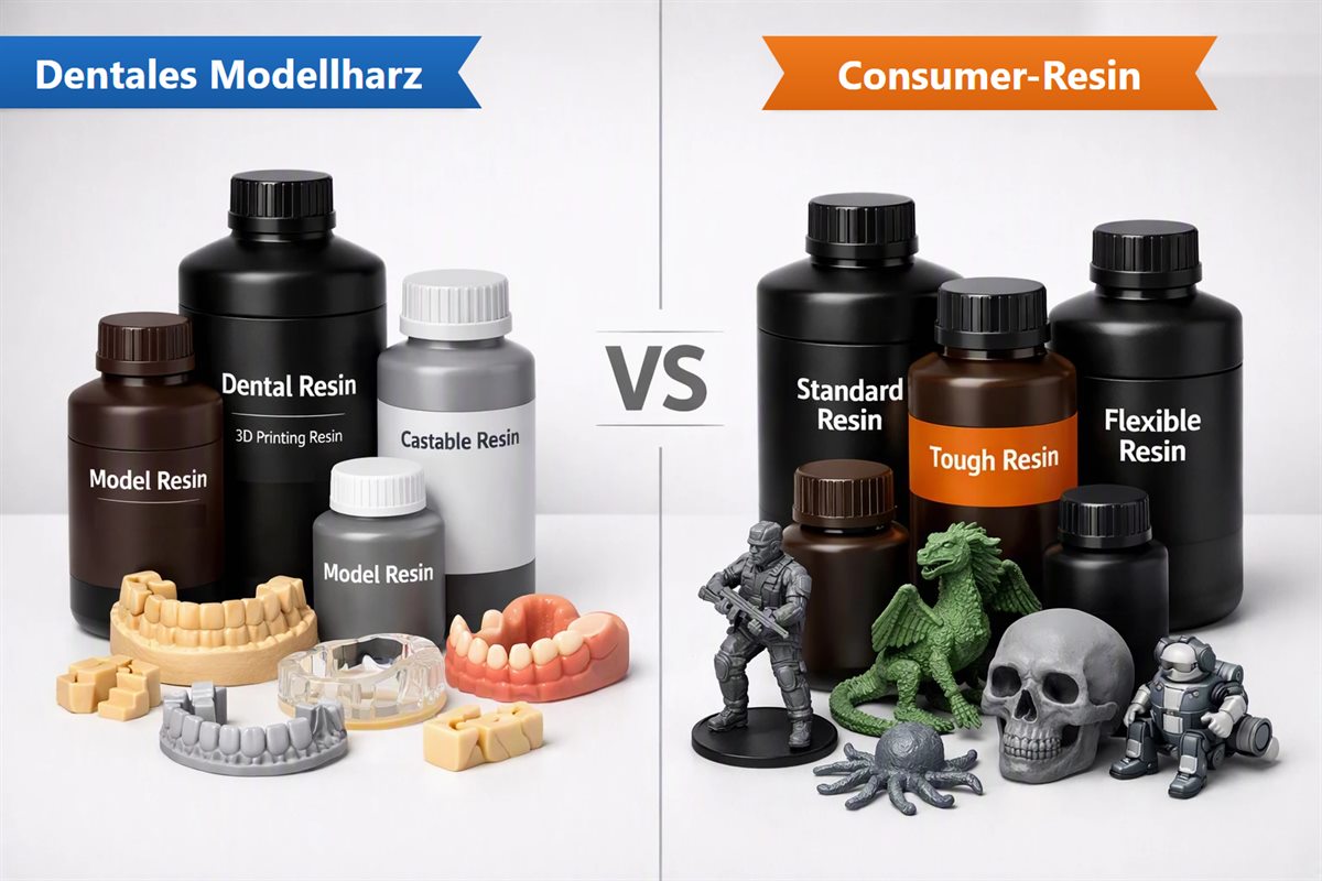 Gegenüberstellung: links Flaschen mit dentalem Modellharz und gedruckte Dentalmodelle, rechts Flaschen mit Consumer-Resin und gedruckte Spielfiguren