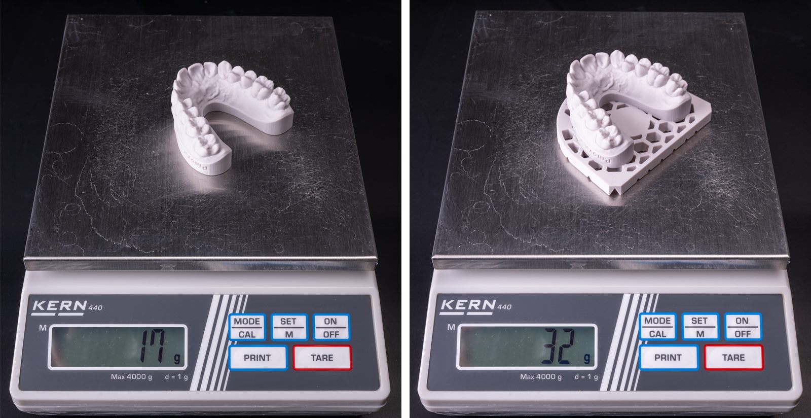 Laborwaage im Vergleich: Zahnkranz ohne Sockelplatte 17 g, mit gedruckter Sockelplatte 32 g