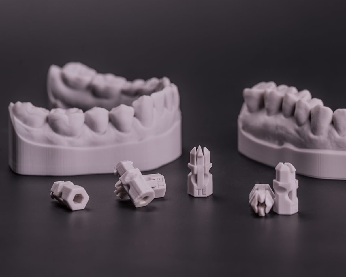 TL² PivotPin S01 zwischen zwei 3D-gedruckten Zahnmodellen